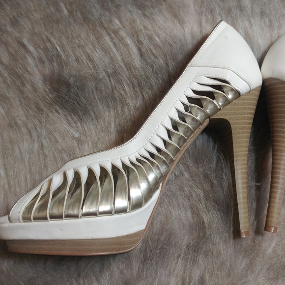 Spring • 5" Platfrom Heels Pump Open Toe White Gold Twist Heels Pumps Womens 10 - Picture 4 of 5